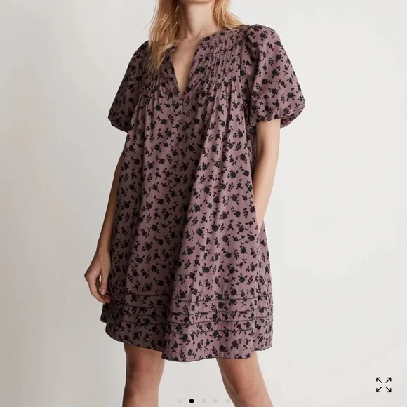 Madewell Purple and Black Mini Dress with Puff Sleeves and Pockets - Picture 1 of 8